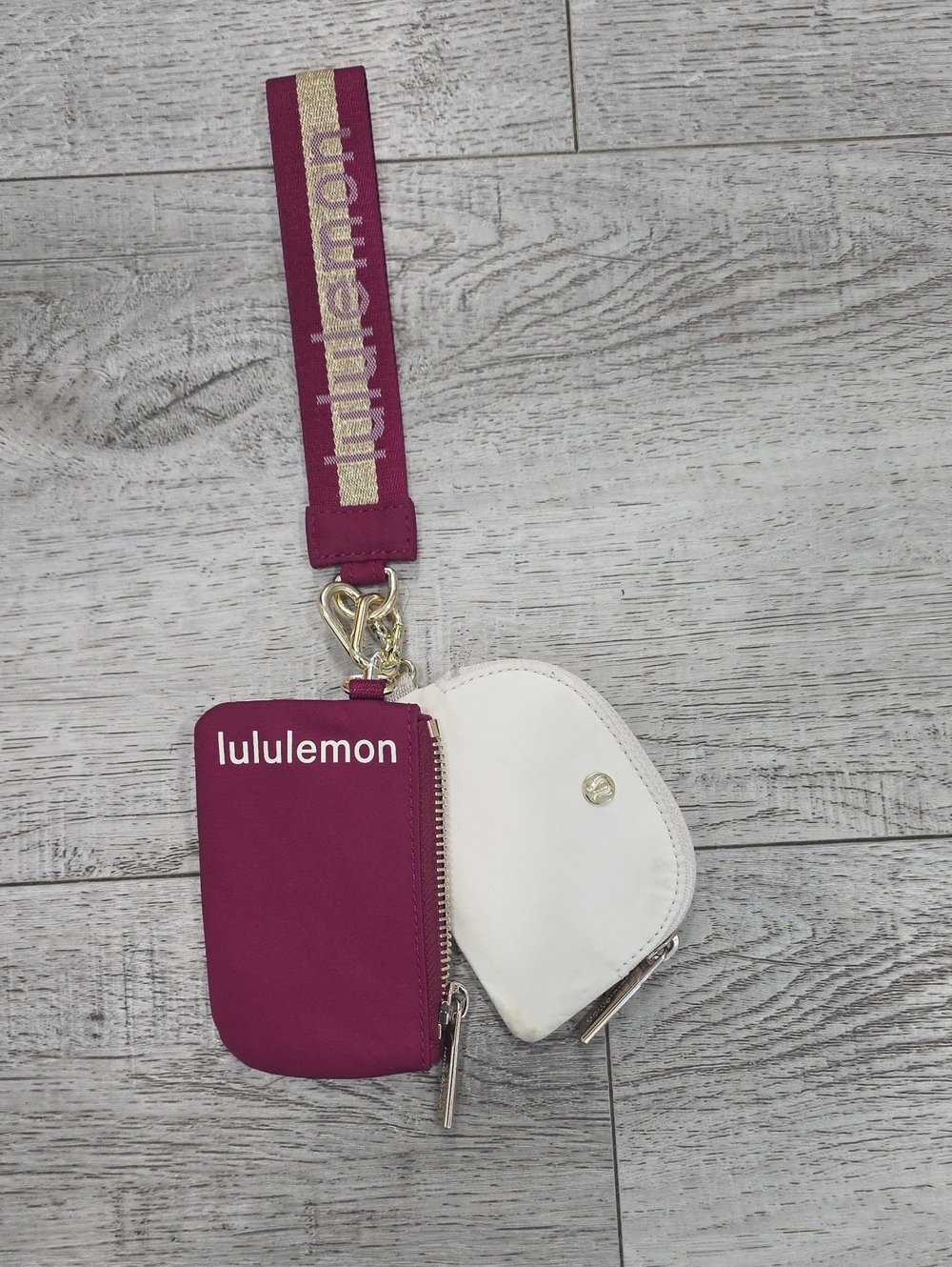 lululemon athletica Plum and White Dual Pouch Wristlet with Branded Strap